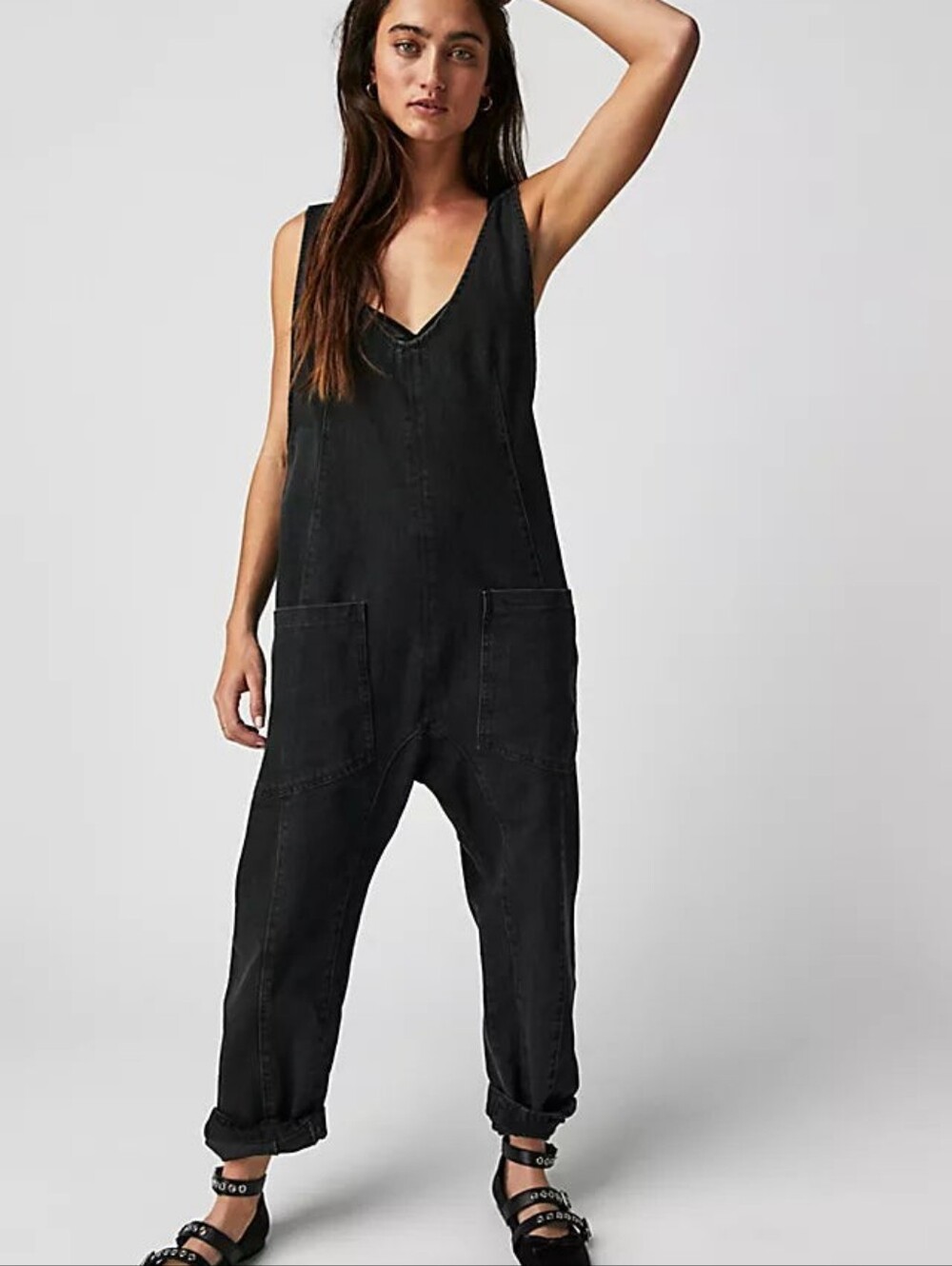 Free People High Roller Denim Jumpsuit Harem Baggy Mineral Black Size L - Picture 3 of 12